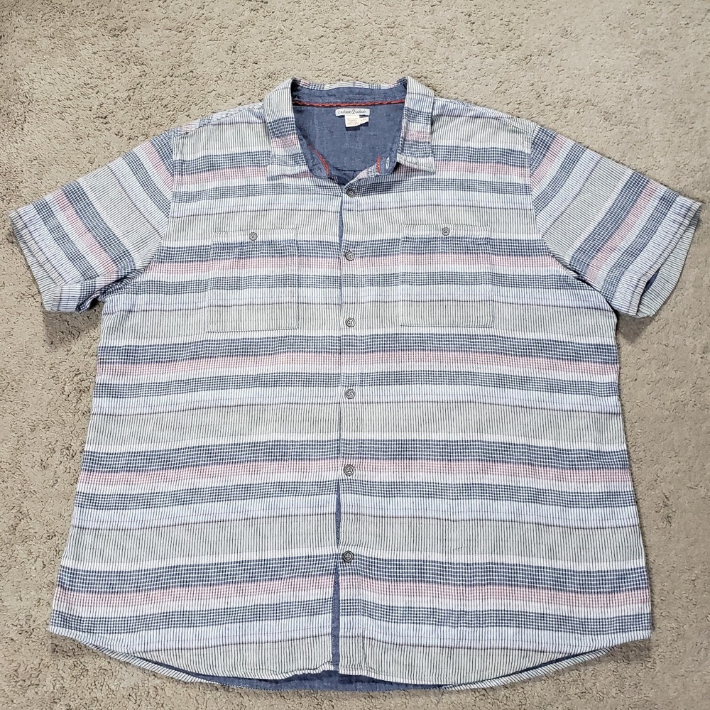 Carbon 2 Cobalt Shirt Men Large Gray Red Blue Stripe Short Sleeve Pockets Casual